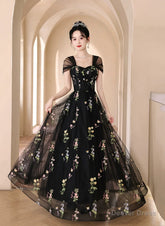 A-line Black Floral Tulle Floor Length Prom Dress, Off the Shoulder Evening Party Dress